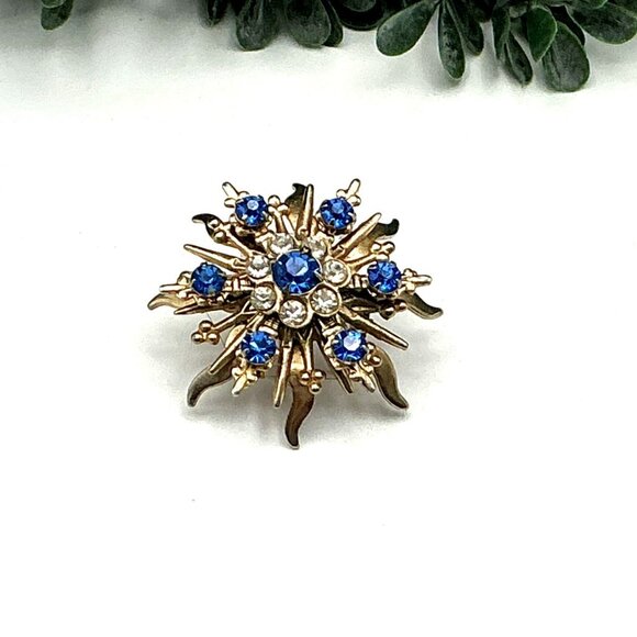Vintage Gold Tone Snowflake Brooch With Blue and Clear Rhinestones - Picture 2 of 5